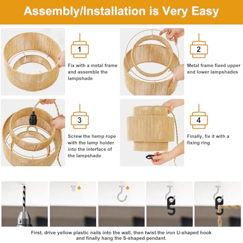 plug in pendant light rattan hanging lamp with 14.7ft Hemp Rope,Dimmable boho pendant lamp with adjustable cord,high output wicker hanging light plug in Woven Shade for Bedroom Dinning Kitchen - size: 3 tier HL-8