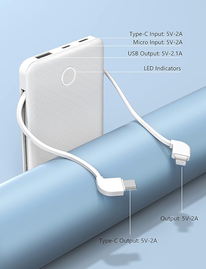 6000mah Ultra Slim Built in Cables Power Bank, Card Size Built in USB C Cords Battery Pack Portable Charger for Phones, 3 Output External Battery Pack Compatible with iPhone, 2-Pack Black & White