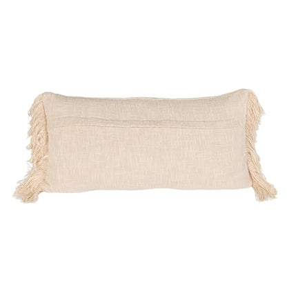Bloomingville Embroidered Cotton Lumbar Pillow with Fringe, Earthen Multicolors - color: Hunter Green, Yellow, Brown, Orange