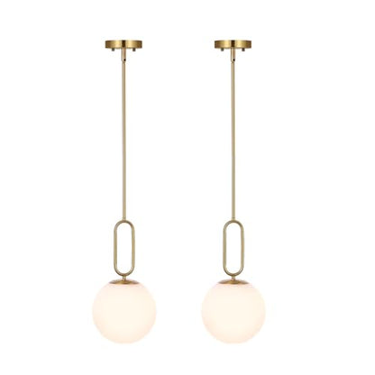 Modern Gold Globe Pendant Light White Globe Glass Shade 2 Pack Brushed Brass Finished Adjustable Rods Hanging Light Fixtures for Kitchen Island Living Room - color: Gold 2 Pack-Adjustable Rods
