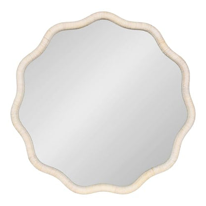 Kate and Laurel Rahfy Boho Scalloped Round Rattan Mirror, 32 Inch Diameter, White, Decorative Round Wavy Mirror with Authentic Rattan Frame for Boho Wall Decor