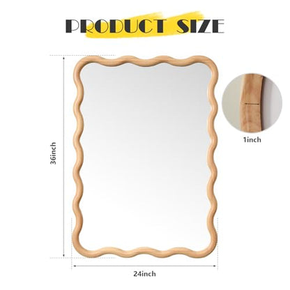 Bathroom Mirror for Wall,24x36 inch Large Irregular Wavy Wood Modern Boho Vanity Farmhouse Mirrors for Bedroom Living Room Entryway Hallway Fireplace - size: 36"L x 24"W
