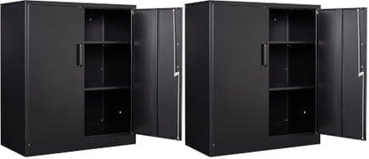 Yizosh Metal Garage Storage Cabinet with 2 Doors and 2 Adjustable Shelves - 35.5" Steel Lockable File Counter Cabinet for Home Office,Garage,Gym,School（Black） (Pack of 2)