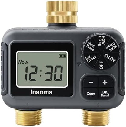 Insoma 2-Zone Water Timer Brass Inlet/Outlet, Programmable Outdoor Hose Faucet Timers with Auto/Manual Modes + Rain Delay, Waterproof Sprinkler Timer for Garden, Lawn, Yard, Pool | Save Water & Money