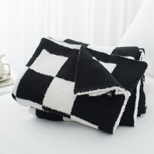 Carriediosa Checkered Throw Blanket 50" X 60", 400GSM Ultra Soft Microfiber Fuzzy Fluffy Reversible Cute Preppy Knitted Blankets Cozy Plush Fall Throws for Couch, Bed, Sofa, Black - color: Check - Black, size: 50" X 60"