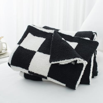 Carriediosa Checkered Throw Blanket 50" X 60", 400GSM Ultra Soft Microfiber Fuzzy Fluffy Reversible Cute Preppy Knitted Blankets Cozy Plush Fall Throws for Couch, Bed, Sofa, Black - color: Check - Black, size: 50" X 60"