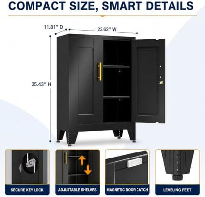 Small Metal Storage Cabinet, Lockable Tool Cabinet with Doors and 2 Shelves