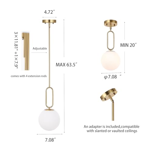Modern Gold Globe Pendant Light White Globe Glass Shade 2 Pack Brushed Brass Finished Adjustable Rods Hanging Light Fixtures for Kitchen Island Living Room - color: Gold 2 Pack-Adjustable Rods