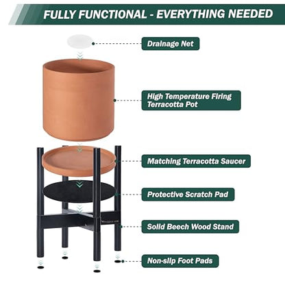 D'vine Dev Terracotta Planter with Ebony Stand - 8 Inch Modern Round Flower Pot with Wood Planter Holder, Terracotta, 55-B-M-5 - color: Terracotta Pot + Ebony Stand, size: 8 Inch