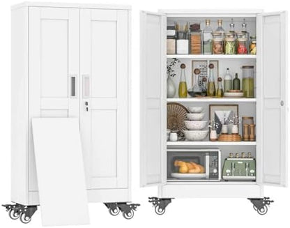47" H Metal Pantry Storage Locker Cabinet with Wheels,Rolling Kitchen Pantry Cabinet with 2 Doors and 3 Adjustable Shelves, Lockable Steel Garage Tool Cabinet Organization for Home,Gym,School,White