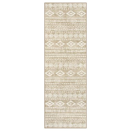 Lahome Boho Geometric Washable Runner Rug, 2x6 Low-Pile Tan Long Bathroom Runner Rug Non Slip Washable, Rustic Print Pattern Soft Bedroom Carpet Runner 6ft for Entryway Laundry Room Varena - color: Tan/White, size: 2' x 6'