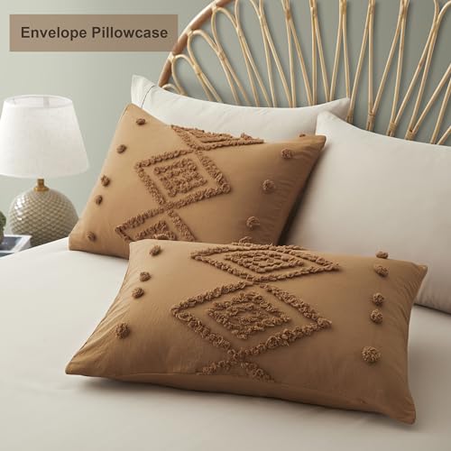 Oli Anderson Tufted Duvet Cover Queen Size, Soft and Lightweight Duvet Covers Set for All Seasons, 3 Pieces Boho Embroidery Shabby Chic Bedding Set (Pumpkin Brown, Queen, 90"×90") - color: Pumpkin Brown, size: Full/Queen(90"×90")