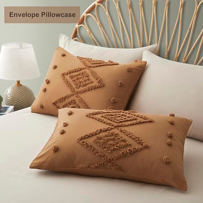 Oli Anderson Tufted Duvet Cover Queen Size, Soft and Lightweight Duvet Covers Set for All Seasons, 3 Pieces Boho Embroidery Shabby Chic Bedding Set (Pumpkin Brown, Queen, 90"×90") - color: Pumpkin Brown, size: Full/Queen(90"×90")