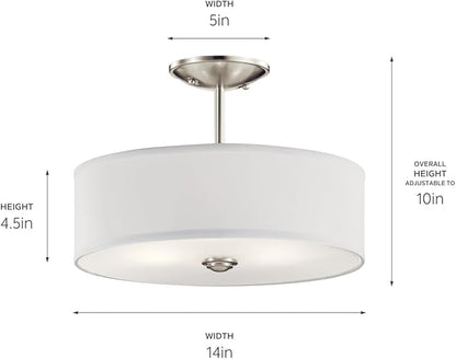 Kichler Shailene 14" 3-Light Semi Flush Mount Ceiling Light Fixture with Satin Etched White Diffuser and White Microfiber Shade in Brushed Nickel for Bathroom or Bedroom, 43675NI