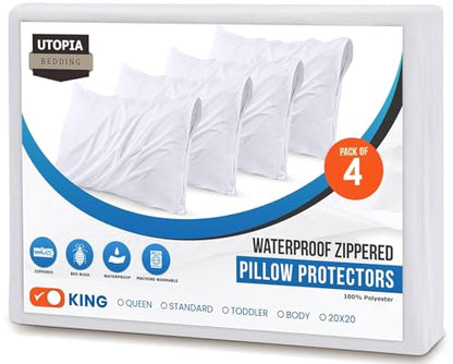 Set of 4 Pillow Protectors with Zipper King Size, Bed Bug and Dust Mite Proof Pillow Covers, Ultra Soft Pillow Encasements, Moisture Wicking and Waterproof Pillow Cases by Utopia Bedding (White) - size: King (Pack of 4)