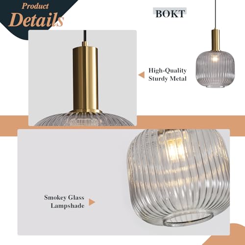 BOKT Modern 1-Light Gold Globe Pendant Light Mid Century Smoke Gray Ceiling Pendant Lighting Glass Ball Round Pendant Lamp Single Brushed Brass Pendant Light Fixture Kitchen Island (Smoke Gray) - color: Smoke Gray