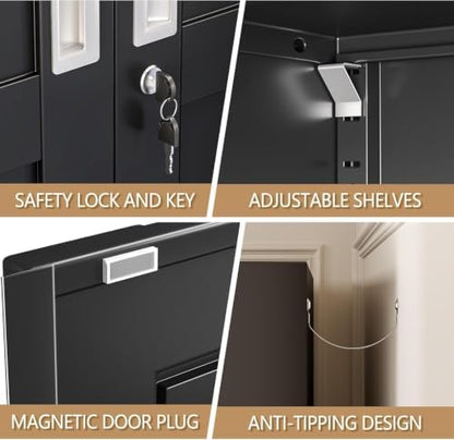 75" H Metal Pantry Storage Locker Cabinet with Wheels,Rolling Kitchen Pantry Cabinet with 2 Doors and 5 Adjustable Shelves, Lockable Steel Garage Tool Cabinet Organization for Home,Gym,School,Black