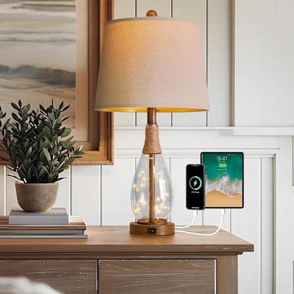 OYEARS 23" USB A+C Table Lamps for Bedroom Living Room Modern Bedside Lamps Retro Farmhouse Rattan Glass Nightstand Nightlight Lamps,Two Light Points - color: Walnut