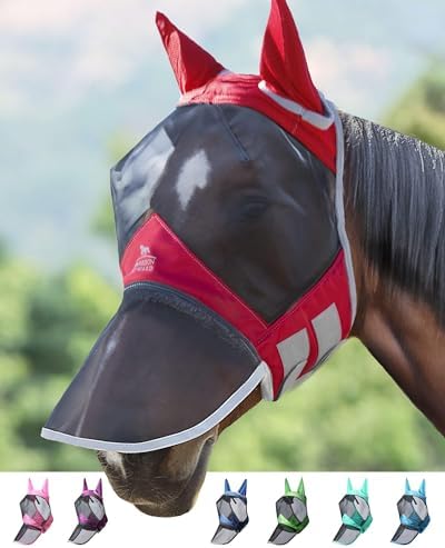 Harrison Howard CareMaster Pro Luminous Horse Fly Mask Large Eye Space Long Nose with Ears UV Protection for Horse Red S Pony