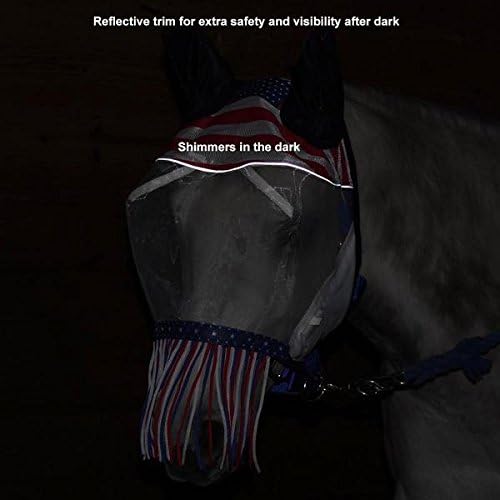 Derby Originals Patriotic Reflective Safety Horse Fly Mask with Ears and Nose Cover Fringes,Full Horse (Large)