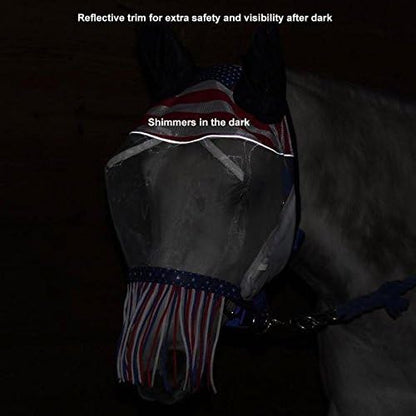 Derby Originals Patriotic Reflective Safety Horse Fly Mask with Ears and Nose Cover Fringes,Full Horse (Large)