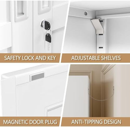 47" H Metal Pantry Storage Locker Cabinet with Wheels,Rolling Kitchen Pantry Cabinet with 2 Doors and 3 Adjustable Shelves, Lockable Steel Garage Tool Cabinet Organization for Home,Gym,School,White