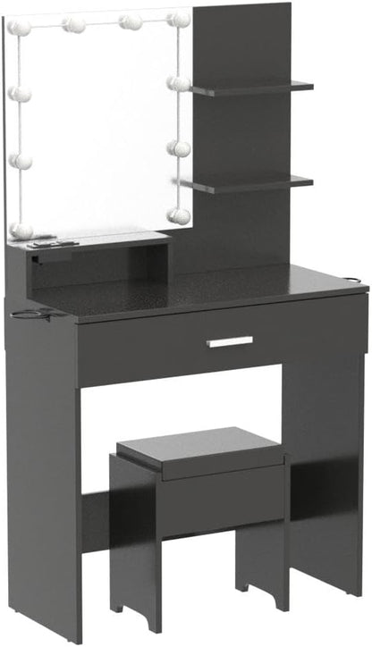 Vabches Small Vanity Desk with Mirror and Lights, Makeup Vanity with Storage Chair & Power Strip,Girl Dressing Table Set with Drawer for Bedroom,3 Lighting Modes,Brightness Adjustable,Black