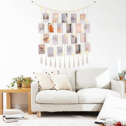 Macrame Hanging Photo Display Boho Wall Decor with String Lights Wooden Beads Garland Picture Frame Collage Holder with 45 Clips for Room, Bedroom, Dorm, Christmas Teenage Teen Girl Gifts (Beige, Large) - size: Large