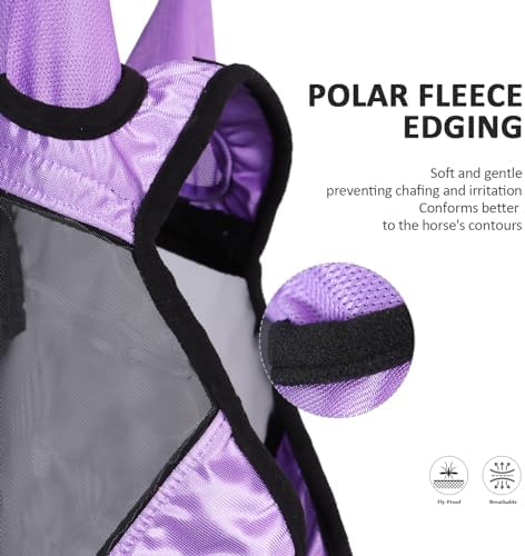 Harrison Howard Pro Luminous Horse Full Face Fly Mask Large Eye Space Long Nose with Ears UV Protection for Horse Gentle Lavendar XL