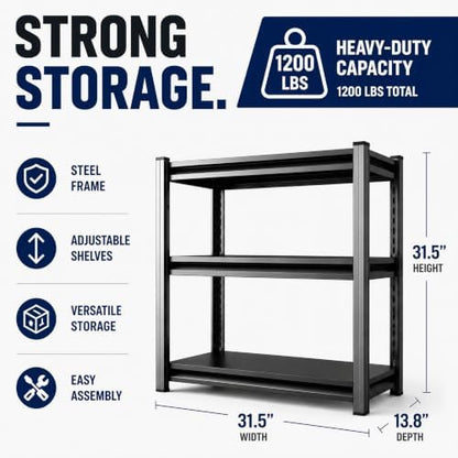 Garage Shelving Heavy Duty Shelving Unit, 1200 LBS 3-Tier Adjustable Boltless Storage Rack, Organizer for Garage Warehouse Kitchen Basement Workshop Household Supplies, 31.5"H x 31.5"W x 13.8"D, Black