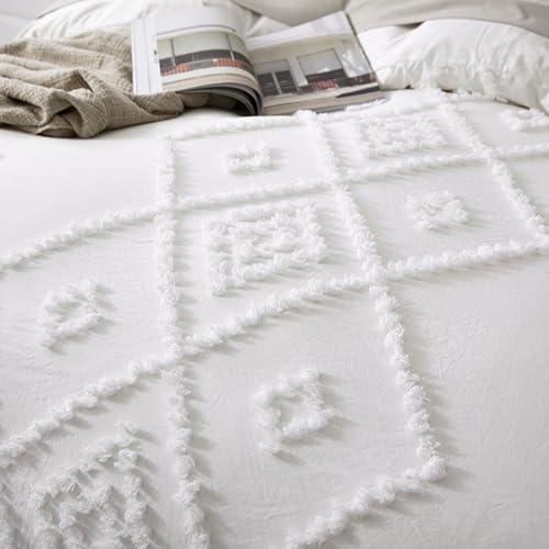 Oli Anderson Tufted Duvet Cover King Size, Soft and Lightweight Duvet Covers Set for All Seasons, 3 Pieces Boho Embroidery Shabby Chic Bedding Set (White, King, 104" x 90") - color: White, size: King(104"×90")