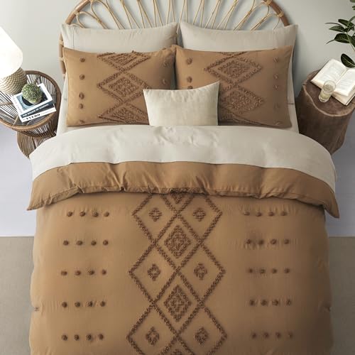 Oli Anderson Tufted Duvet Cover Queen Size, Soft and Lightweight Duvet Covers Set for All Seasons, 3 Pieces Boho Embroidery Shabby Chic Bedding Set (Pumpkin Brown, Queen, 90"×90") - color: Pumpkin Brown, size: Full/Queen(90"×90")