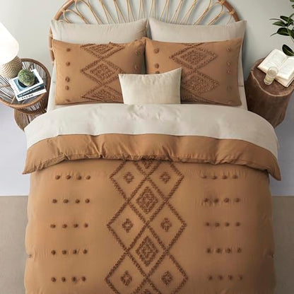 Oli Anderson Tufted Duvet Cover Queen Size, Soft and Lightweight Duvet Covers Set for All Seasons, 3 Pieces Boho Embroidery Shabby Chic Bedding Set (Pumpkin Brown, Queen, 90"×90") - color: Pumpkin Brown, size: Full/Queen(90"×90")