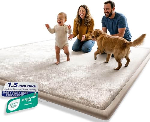 AEOCOO 50x50 Playpen Baby Play Mat for Floor, 1.3" Thick Memory Foam Play Mat for Infants Tummy Time Crawling, CloudSoft Velvet Non Slip, Play Pen, Living Room, Playroom, Tatami Style, Beige - color: Beige, size: 50 x 50 x 1.3 Inch