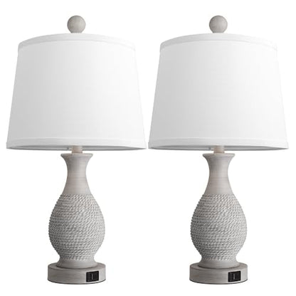 PARTPHONER Traditional Table Lamps Set of 2, Bedside Touch Lamp with USB C+A Charging Ports, Rustic Farmhouse Table Lamps for Living Room Bedroom, Side Table Lamp with White Fabric Shade, Antique Grey - size: Grey 22.6" Touch Lamp