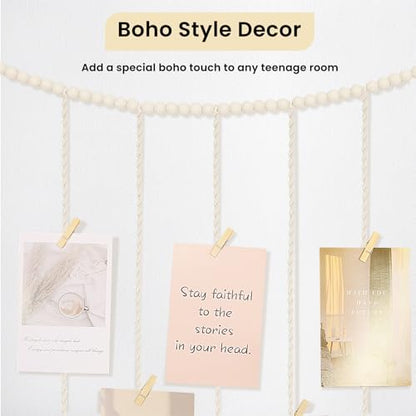 Macrame Hanging Photo Display Boho Wall Decor with String Lights Wooden Beads Garland Picture Frame Collage Holder with 45 Clips for Room, Bedroom, Dorm, Christmas Teenage Teen Girl Gifts (Beige, Large) - size: Large