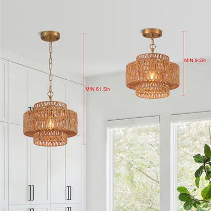 12.6" Rattan Pendant Light, Hand-Woven Boho Farmhouse Hanging Light Fixture, Mini Drum Wicker Rattan Chandelier for Kitchen Island, Bedroom, Dining Room, Entryway - color: Gold 12.6"