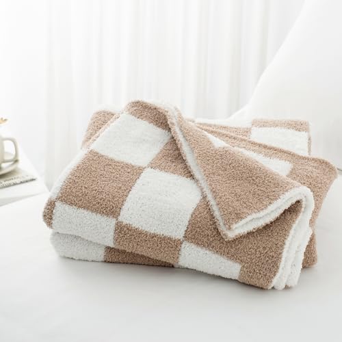 Carriediosa Checkered Throw Blanket 90" X 90" Queen, 400GSM Ultra Soft Microfiber Fuzzy Fluffy Reversible Cute Preppy Knitted Blankets Cozy Plush Fall Throws for Couch, Bed, Sofa, Taupe - color: Check - Taupe, size: 90" X 90"