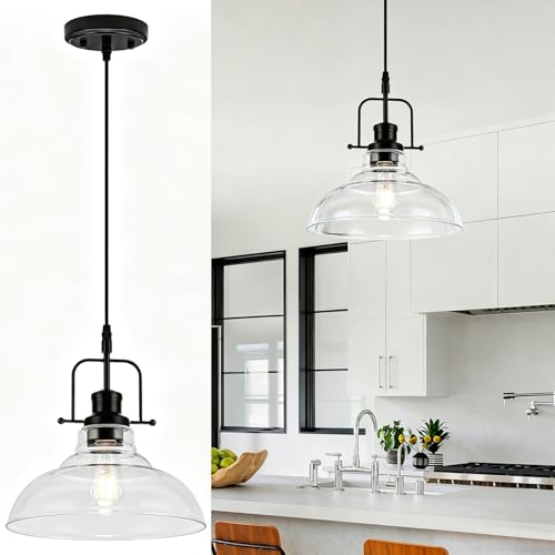 WILON Farmhouse Pendant Lights Kitchen Island Lighting, Black Pendant Light Over The Sink, Vintage Clear Glass Pendant Light, Industrial Hanging Light Fixture for Dining Room Over Table Bar Foyer - color: Black - Clear