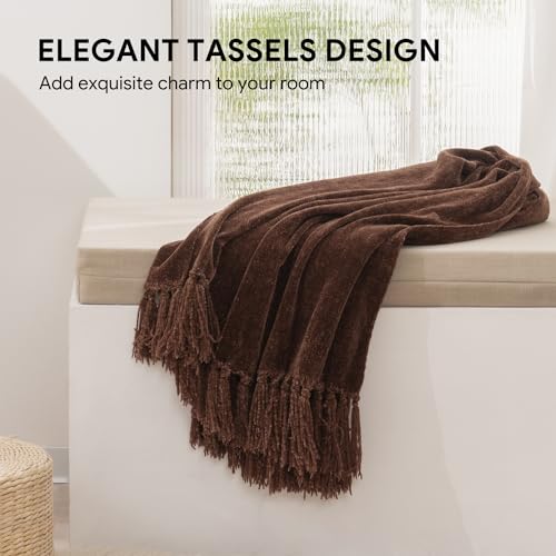 RECYCO Throw Blanket Soft Cozy Chenille Throw Blanket with Fringe Tassel for Couch Sofa Chair Bed Living Room Gift(Brown, 50'' x 60'') - color: Brown, size: 50'' X 60''