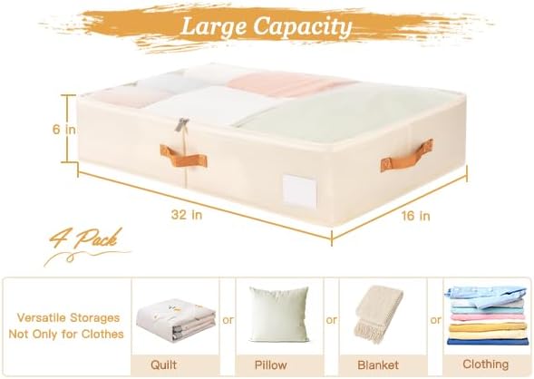 Criusia Under Bed Storage Bins with Clear PVC Lids – 4 Pack Large Underbed Organizers with Heavy-Duty Handles, Reinforced with 800G PP Panels & 80G Non-Woven Fabric – Waterproof & Foldable, Beige
