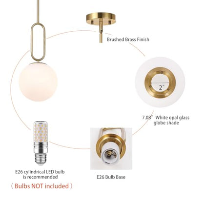 Modern Gold Globe Pendant Light White Globe Glass Shade 2 Pack Brushed Brass Finished Adjustable Rods Hanging Light Fixtures for Kitchen Island Living Room - color: Gold 2 Pack-Adjustable Rods