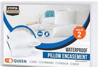 Set of 2 Pillow Protectors with Zipper Queen Size, Bed Bug and Dust Mite Proof Pillow Covers, Ultra Soft Pillow Encasements, Moisture Wicking and Waterproof Pillow Cases by Utopia Bedding (White) - size: Queen (Pack of 2)
