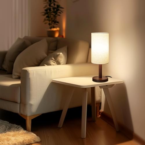 Small Table Lamp for Bedroom, Nightstand Lamp Linen Lampshade Bedroom Wood Base Small Bedside Lamp for Night Stands, Desk Lamps for Reading Living Room, Office (LED Bulb Included) (Black-Walnut Wood) - color: Black-Walnut Wood
