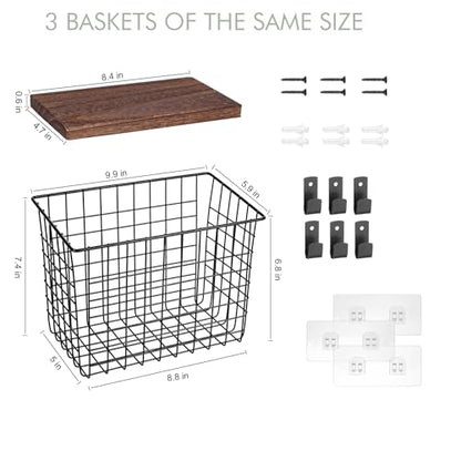 Wall Hanging Baskets 3 Pack, Diversified Wire Basket Shelves of Wooden Style, with Wall Mounted Hooks & Traceless Stickers, for Kitchen Coffee Bar Office Room Garage Storage Organization (Large) - size: Large