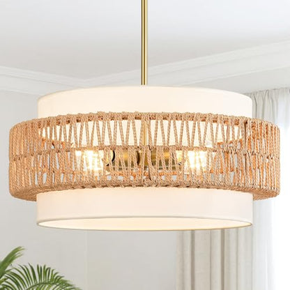 19.7" Boho Rattan Chandelier, 4-Light Large Rattan Pendant Light with Fabric Shade, Boho Drum Ceiling Hanging Light Fixture for Dining Room, Living Room, Kitchen Island, Hallway, Foyer - size: 19.7" V-shaped weaving