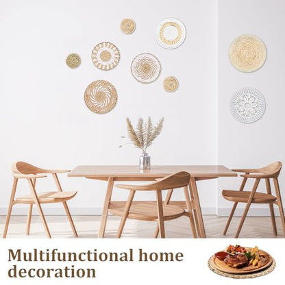 MJOGGOTT 9 Pcs Boho Wall Basket Decor Hanging Woven Wall Basket Art Decor Rattan Wicker Seagrass Home Round Tassels White Macrame Tapestry Baskets Decoration for Kitchen Home Farmhouse Decoration