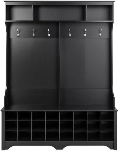Prepac Black Hall Tree, Shoe Cabinet, Storage Cabinet with 24 Shoe Cubbies and 6 Double Coat Hooks 15.5" D x 60" W x 77" H