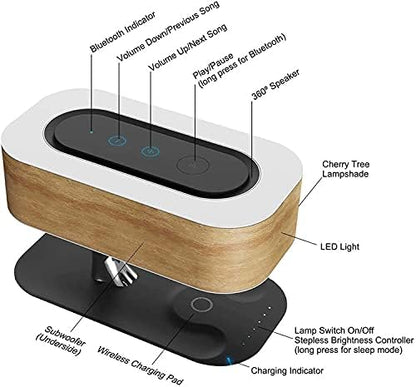 Bonsai Modern LED Bedside Smart Table Lamp with Built-in TWS Bluetooth Speaker and Qi Wireless Charger for Home and Office, Stepless Dimming with Sleep Mode (Tree of Light)
