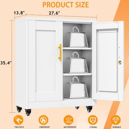 Small Metal Storage Cabinet with Wheels, Lockable Tool Cabinet with Doors